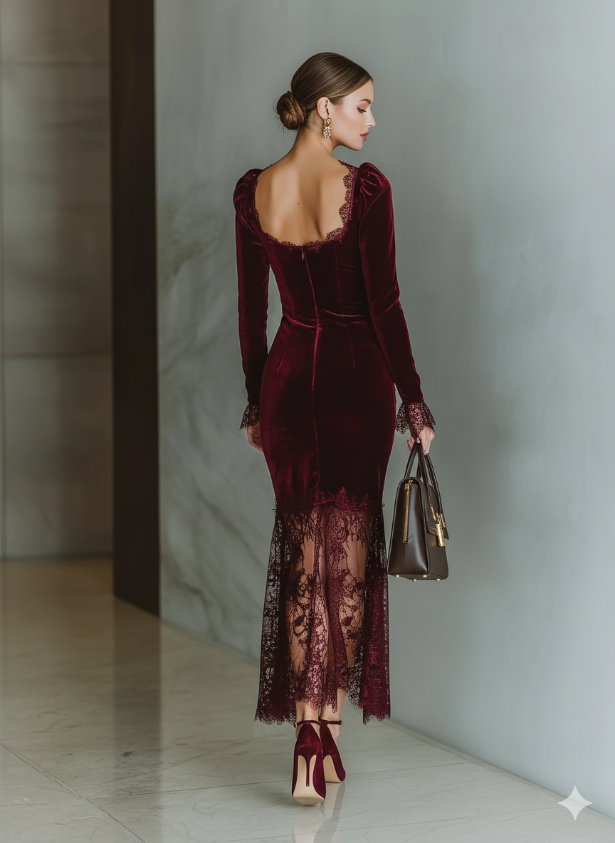 Women's Burgundy Velvet Lace Fitted Maxi Dress MDA1190J4T – Modesees